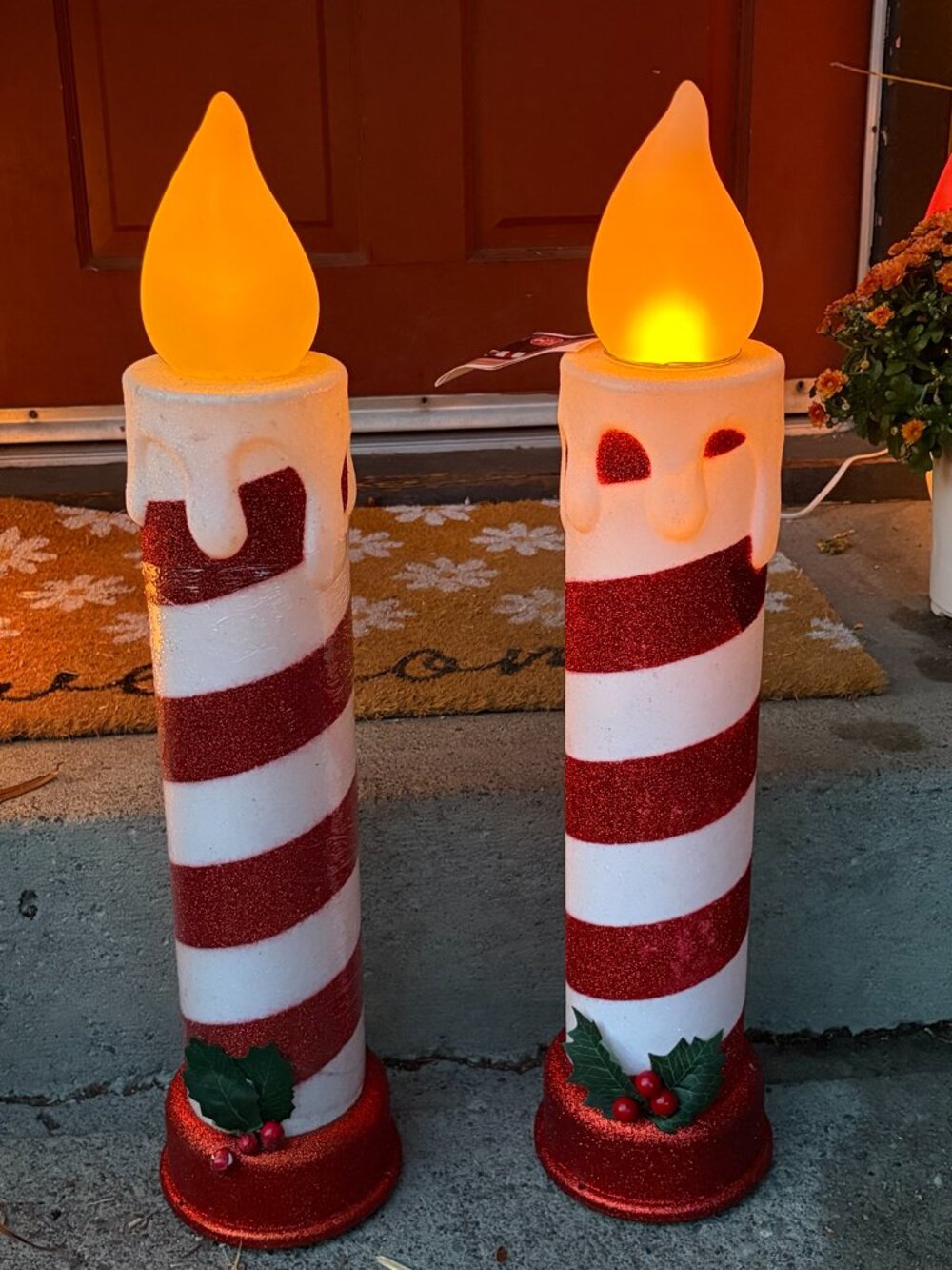 Mr Christmas 24" Peppermint Candle Set of 2 Red White Glitter w/ Timer